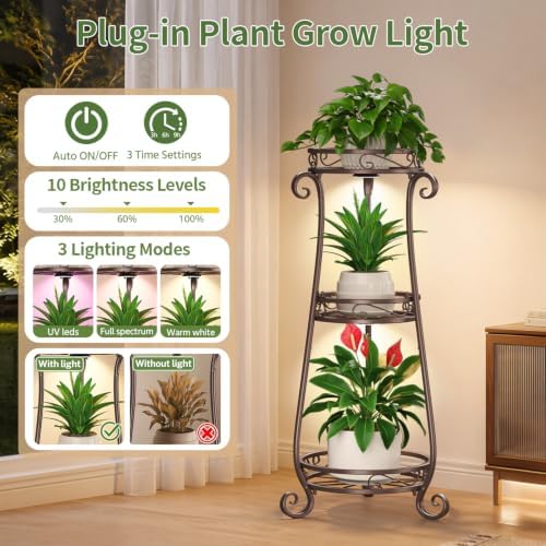LASZOLA 3 Tiers Metal Corner Plant Stand Tall with Light for Indoor Outdoor - Image 4