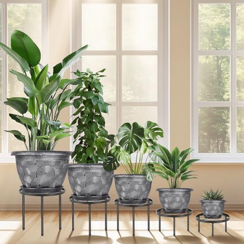 14-Inch -Plastic-Pots -For-Plant With Saucer, 4 Pack Outdoor Planters With Drainage Holes, Decorative Flower Pots For Indoor Plants, Modern 3D Swirl Silver Large Plant Pots With With Removable Tray - Image 6