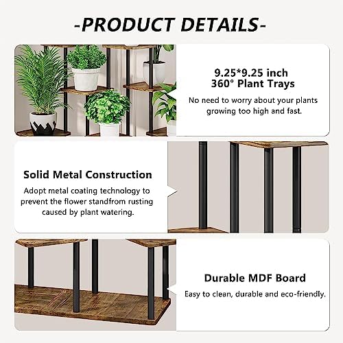 9 Tier Plant Stand Indoor, Thickened Metal Wood Corner Plant Shelf Stands for Multiple Plants, Indoor Tall Plants Stand Tiered Flower Holder for Living Room Patio Garden Balcony(Black+Brown) - Image 5
