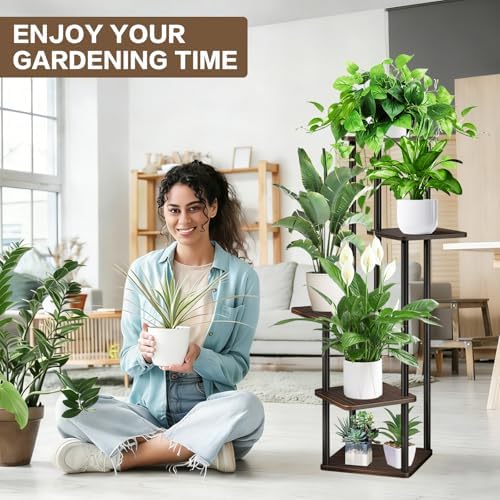 5 Tier Plant Stand Indoor, Thickened Metal Wood Corner Plant Shelf Stands for Multiple Plants, Indoor Tall Plants Stand Tiered Flower Holder for Living Room Patio Garden Balcony(Black+Oak) - Image 5