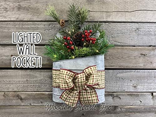 Lighted Christmas Wall Tin Pocket Galvanized Planter Bucket Pail Metal Farmhouse Rustic Evergreen Pinecone Arrangement LED Timer Lights Xmas Decor Hanging Decoration Holiday Wreath Style Bow Red Green - Image 6
