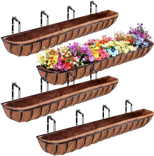Tessco for you 4 Pack 48 Inch Window Baskets with Coconut Liner 4 Adjustable Flower Brackets Window Deck Planters Boxes Railing Planter Metal Hanging Flower Planter for Indoor Outdoor Lawn by Tessco