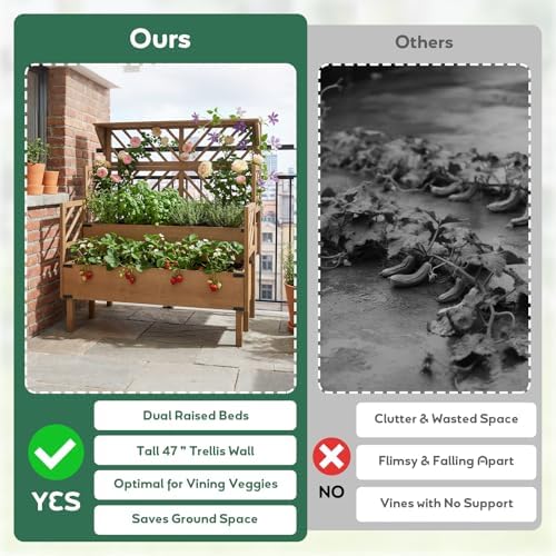 PetsCosset Raised Garden Bed with Trellis, 2-Tier Elevated Planter Box with Legs & Top Shelf, Liner, Metal Corners, Wooden Garden Beds for for Climbing Plants, Flower, Vegetables, Herbs - Image 6
