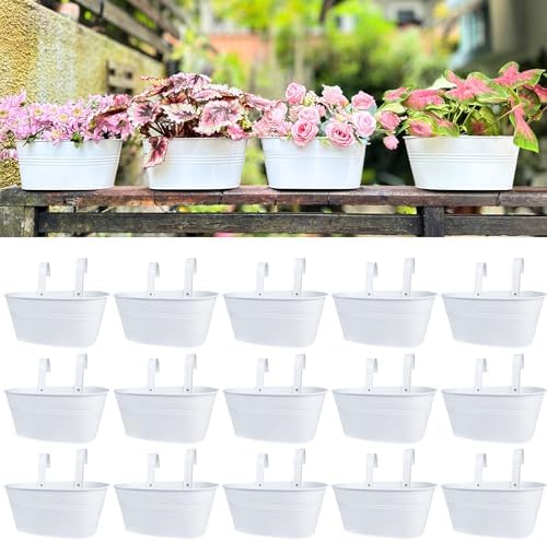 LaLaGreen Rail Planter (11.8 in, 15 Pack) White Metal Porch Fence Pots by L%C3%A1L%C3%A1Green