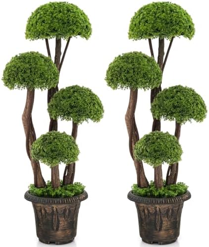 DREAMADE 3ft. Artificial Cypress Topiary Tree, Ball Shaped Faux Cedar Trees w/Retro Cement Pot, 4 Boxwood Topiary Balls, Outdoor Plants Artificial for Porch, Foyer, Garden, Front Door, Set of 2 by DREAMADE