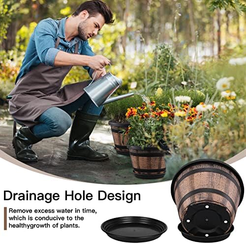 Quarut Plant Pots Set of 4 Pack 12 inch,Large Whiskey Barrel Planters with Drainage Holes & Saucer.Plastic Flower Pots Imitation Wine Barrel Design, for Indoor & Outdoor Garden Home Plants (Brown) - Image 3