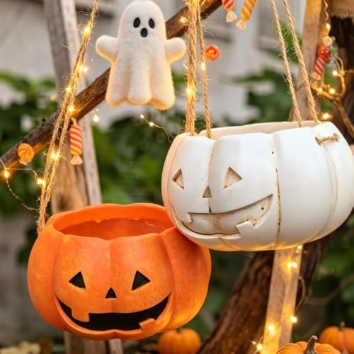 Pumpkin Swing Flower Planter Hanging, Pumpkin Planters Outdoor, Halloween Pumpkin Ceramic Hanging Planter, Unique Sitting Swinging Plants, Entryway Patio Pumpkin Planter Rope Flower，3 - Image 3