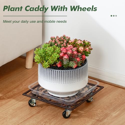2 Packs 11.8" Square Metal Plant Caddy with Wheels Large Heavy-Duty Cast Iron Planter Dolly Pot Mover, Indoor Outdoor Vintage Rolling Plant Stands with Casters Wheeled Plant Roller Base, Bronze red - Image 2