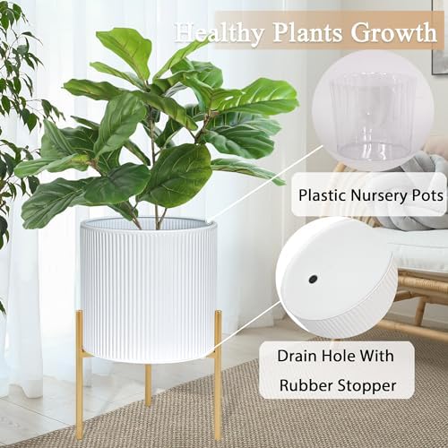 ARNIS Modern Plant Pots, Set of 2 Round Large Planters with Stand, Large Size Metal Pots with Drainage Holes for Living Room, Office, Garden or Balcony, 10.5 &12.25 Inch, White & Gold - Image 4