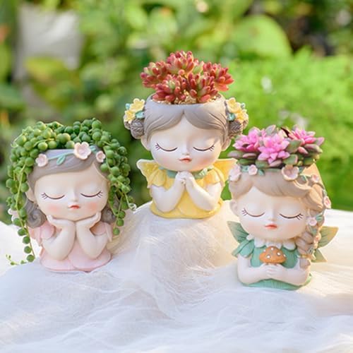 Argofox Samll Angel Girl face Succulent Plant pots 3packs with Drainage Hole 4inch Indoor Cactus Pot Unique Cute Flower Pot with Girl Face Container Planter - Image 3
