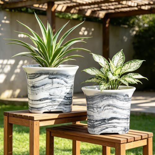 8Inch Marble Resin Plant Pot with Drainage Hole square Decor Flower Planter - Image 3