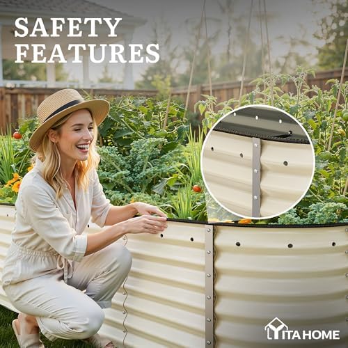 YITAHOME 8x2x2ft Large Raised Garden Bed Kit, 24" Tall 9 in 1 Galvanized Metal Planter Box with Gloves and Safety Rubber, Outdoor Above Ground Planters for Plants Vegetables Flowers, Cream Yellow - Image 6