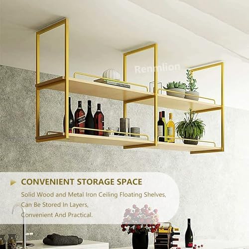 Ceiling Mounted Wine Rack，Industrial Wine Glass Shelf for Wall Storage Shelving，2-Layer Hanging Plant Flower Pot Stand Floating Decorations Shelves，Gold(120x30x80cm) - Image 5