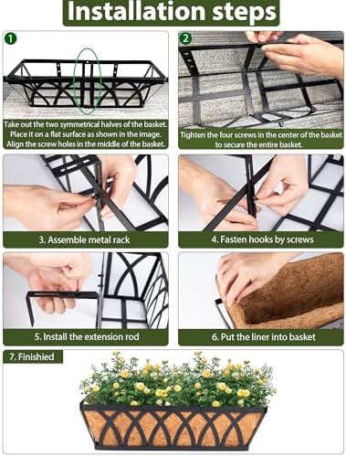 LCHUANG Deck Railing Planter Window Box - 2 Pack 24 Inch Deck Balcony Rail Planter with Coconut Coir Liner, Fence Metal Hanging Flower Planter Basket Deck Railing Planter Boxes for Outdoor Lawn - Image 6