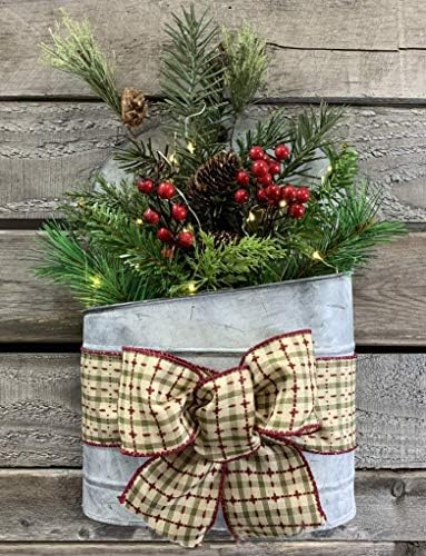 Lighted Christmas Wall Tin Pocket Galvanized Planter Bucket Pail Metal Farmhouse Rustic Evergreen Pinecone Arrangement LED Timer Lights Xmas Decor Hanging Decoration Holiday Wreath Style Bow Red Green - Image 7