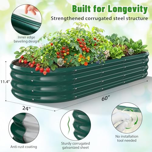 Green Oval Raised Garden Bed / Galvanized Steel Planter Box,60X24X12 inches - Image 4