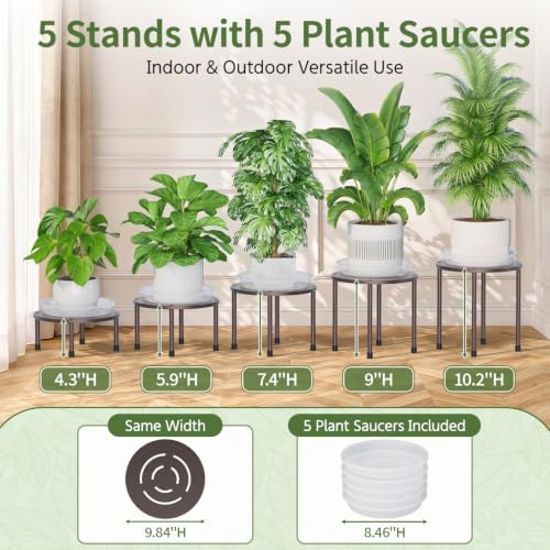 LASZOLA Small Plant Pot Stand Indoor Outdoor with Saucers Trays, 5Pcs Metal - Image 2