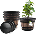 Quarut Plant Pots Set of 4 Pack 12 inch,Large Whiskey Barrel Planters with Drainage Holes & Saucer.Plastic Flower Pots Imitation Wine Barrel Design, for Indoor & Outdoor Garden Home Plants (Brown) by Quarut