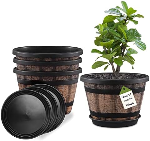 Quarut Plant Pots Set of 4 Pack 12 inch,Large Whiskey Barrel Planters with Drainage Holes & Saucer.Plastic Flower Pots Imitation Wine Barrel Design, for Indoor & Outdoor Garden Home Plants (Brown) by Quarut