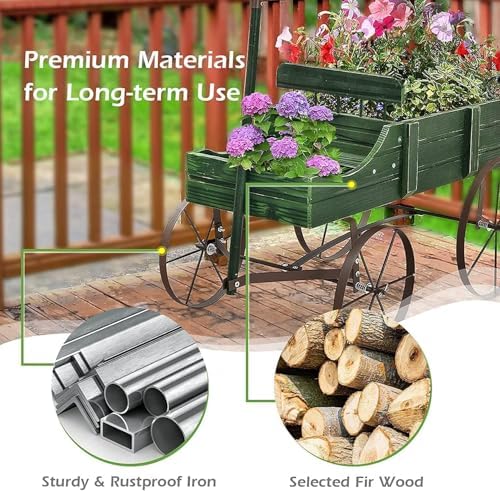 DORTALA Wood Wagon Planter, Outdoor Garden Flower Planter Cart with Wheels, Small Decorative Wood Raised Bed Plant Pot Box Stand for Backyard, Patio, Balcony, Green - Image 5