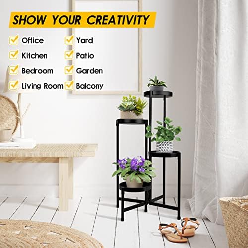 4 Tier Plant Stand Indoor Outdoor, 31 Inch Tall Metal Plant Shelf Waterproof, Plant Holder with Folding Design For Home, Living Room, Black - Image 6
