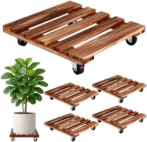 12 Inch Plant Caddy with Wheels, 4 Pack Rolling Plant Stand Rollers with Casters Wooden Plant Dolly with Wheels Heavy Duty Rolling Planter Base for Indoor & Outdoor Plants Square Wood Flower Stand by PartyZealot