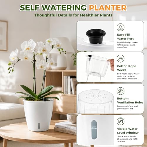 Upgraded Self Watering Pots for Indoor Plants, 8-Pack 5/6.7 Inch Top-Fill Self Watering Planter with Water Window, Clear Wick Inner Basket with Drainage, White (5 Pcs 5" and 3 Pcs 6.7") - Image 3