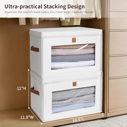 Homsorout Large Clothing Storage Bins - Collapsible Boxes with Handles & Window, Decorative Organizer Bins with Lids, Fabric Containers for Living Room, Dorm, 4 Pack, White - Image 3