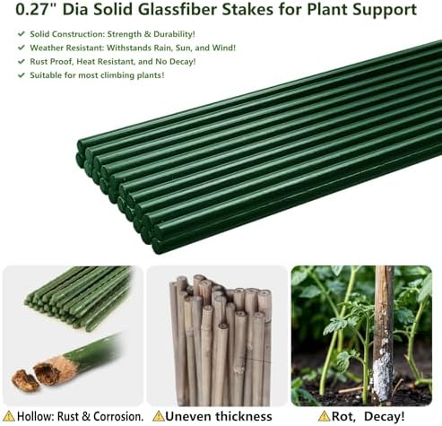 Garden Stakes 48 inch 20 Pack 0.27" Dia Solid Glassfiber Plant Support Rod Tomato Trellis Stakes (Green) - Image 3