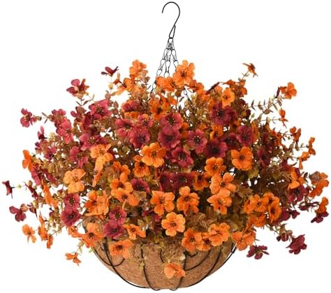 Artificial Fall Hanging Flowers Basket, UV Resistant Mums for Outdoors by ZFProcessArtificialFlowers