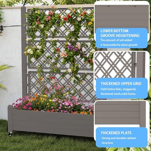 Mobile Garden Planter with Trellis & Lockable Wheels, Outdoor Raised Bed with Drainage & Water Gauge, Weather-Resistant Resin for Patio, Balcony, Yard, Dust-Resistant (Grey, 43.43*18.27*64.29) - Image 4