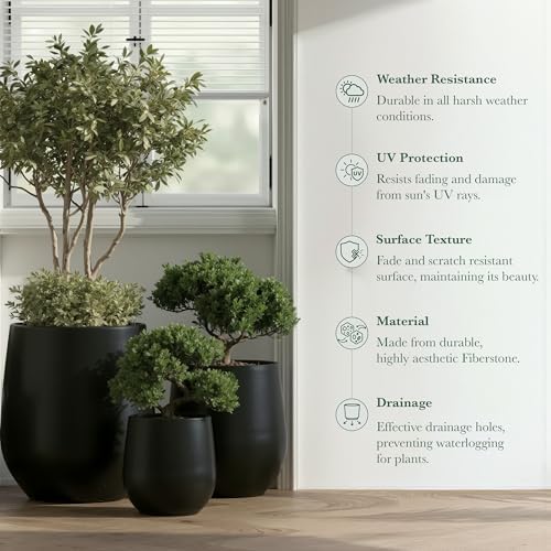 DTY Signature Mount Wilson Modern Indoor Outdoor Fiberstone Tapered Planter, Lightweight, Weather Resistant Garden Pot with Drainage Hole & Rubber Plug (Black, 11'' D x 12'' H) - Image 4