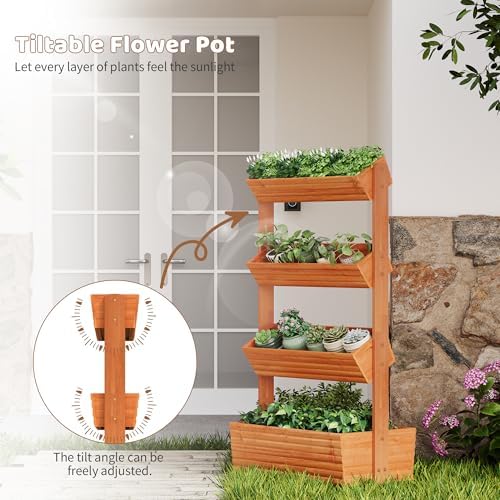 Wooden Raised Garden Bed Vertical Planter Box, Freestanding Plant Stand for Indoor Outdoor Plants, Herbs, Flowers, Vegetables, Gardening (Reddish Brown, 4-Tier，29.9 x 17.9 x 55in) - Image 6
