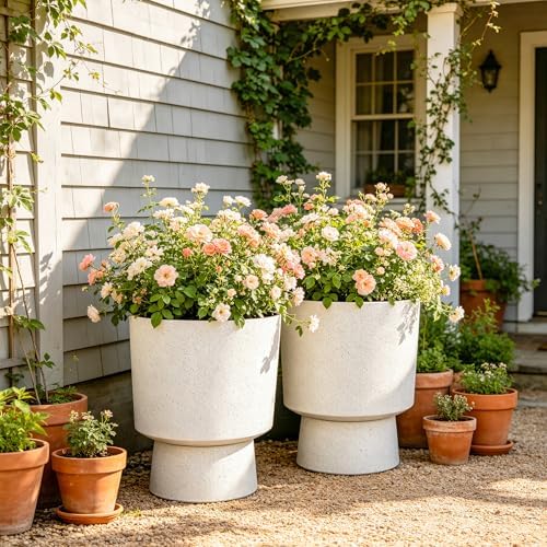Autodaya 16.75" Urn-Style Planters Set of 2, White Terrazzo Pedestal - Image 7