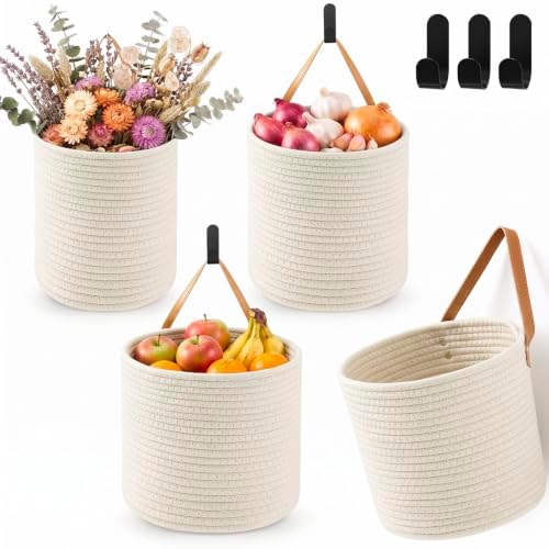Honeydak 3 Hanging Baskets, White, Cylinder, Cotton Rope by Honeydak