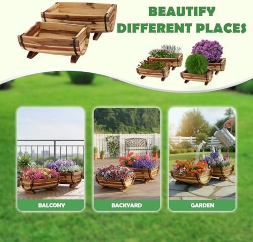 Solid Acacia Wood Half Barrel Planters Outdoor Set of 2 Different Sizes, Wooden Planters for Outdoor Plants with Metal Bands & Drainage Holes, Legs Included, Natural - Image 6