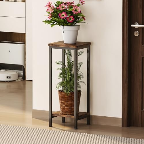 Homeiju 2-Pack Plant Stand Indoor, 2 Tier Wood Corner Plant Stand, Modern Square Plant Shelf Flower Stand for Living Room Patio Balcony Garden, Rustic Brown - Image 7