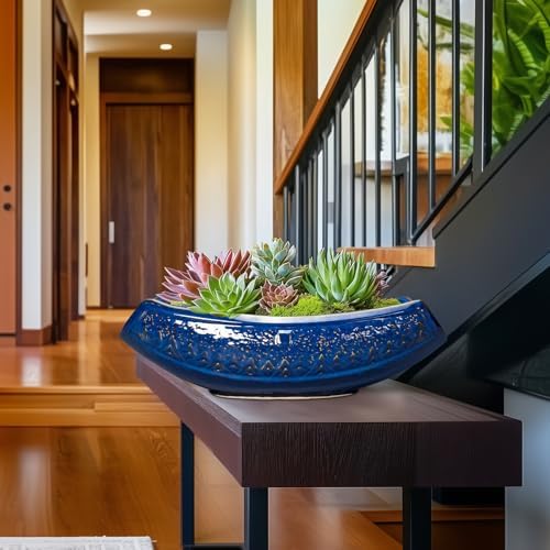 Bonsai Pots - 18 Inch Large Ceramic Succulent Pots for Indoor Outdoor, Bonsai Planter with Drainage Hole, Ceramic Flower Pot, Decorative Plant Pot, Gifts for Plant Lovers, Office Decor, Blue - Image 5