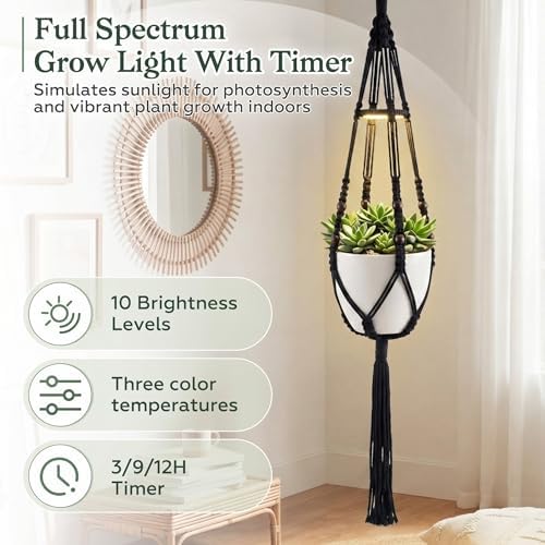 Huquary 3 Pack Macrame Hanging Plant Hanger with Grow Light,Black - Image 4