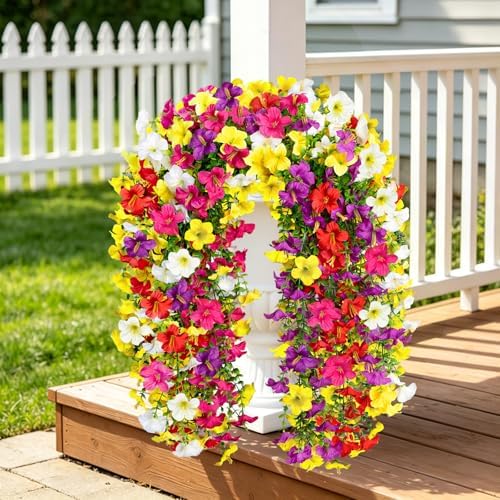 Artificial Hanging Flowers for Outdoors, 6 PCS 414 Blooms UV Resistant Faux Silk Morning Glory Hanging Vines for Porch Balcony Window Box Patio Garden Decor, Multicolor - Image 5