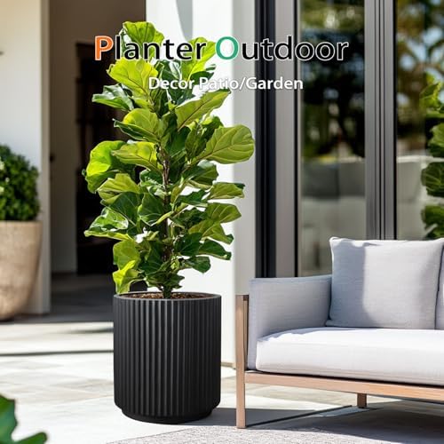 Heyzier Round Concrete Planter Outdoor Indoor, Large Cement Plant Pots for Flowers (Vertical Black, 12 inch) - Image 4