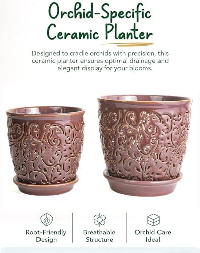 Orchid Pots with Holes, Ceramic Planter Flower Pot for Orchids Indoor Outdoor with Drainage and Saucer, Macetas para Orquídeas,Large 6.5 Inch, 5.3 Inch (Grape Color) - Image 4