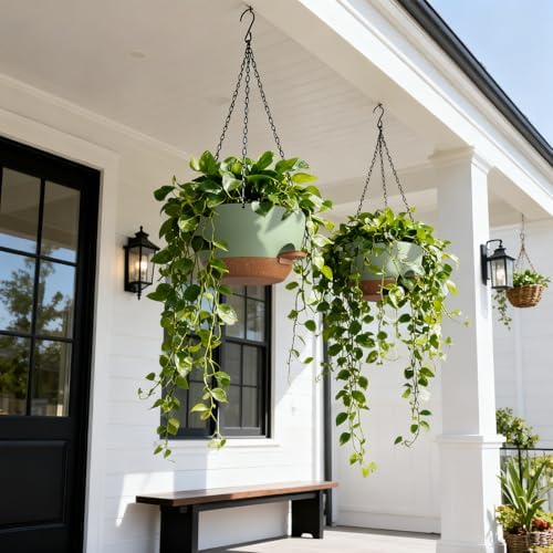 UOUZ 13 Inch 2 Pack Large Self Watering Hanging Planters for Indoor Outdoor Plants, Hanging Plant Pots with Removable 50 Oz Reservoir, Plastic Hanging Basket for Window Porch Garden, Green with Brown - Image 2