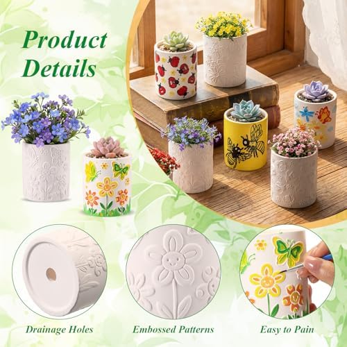 Zubebe 12 Pcs Paint Your Own Ceramic Pots Bulk Unfinished Succulent Pots Craft Kit with Drainage Hole Mini Paintable Plant Vase Ready to Paint Planter for Cactus DIY Craft (Insect) - Image 3
