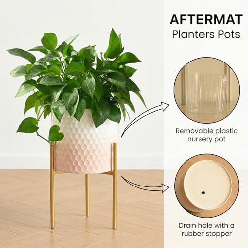 Modern Planter Pots, Set of 2 White Pink Planters with Stand, Decorative Planters, Metal Pots with Drainage Holes for Living Room, Office, Garden - Image 5
