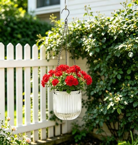 Melphoe Self Watering Hanging Planters Indoor Flower Pots, (8.3’’+8.3’’+5.3''+5.3'' 4Pack) - Outdoor Hanging Plant Pot Basket, Plant Hanger with 3Hooks Drainage Holes for Garden Home (White) - Image 4