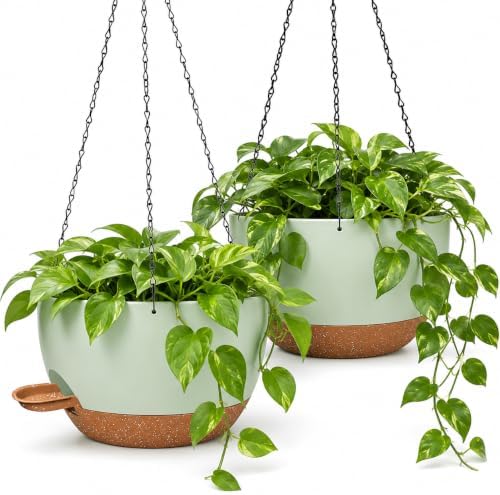 12 Inch Self Watering Hanging Planters 2 Pack, Green Brown by Unknown