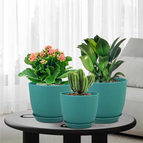 WSMKSZ Large Flower Pots 12/10/9 inch, Set of 3 Modern Decorative Plastic Planters with Drainage Holes and Saucers for House Plants, Plant Pots for Indoor Outdoor Plants, Blue Green - Image 7