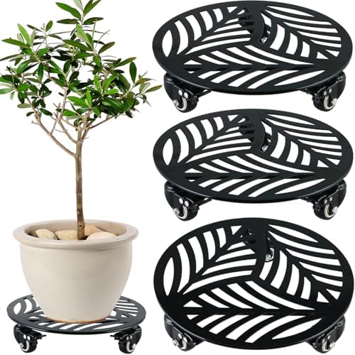3 Packs Metal Plant Caddy with 3 Metal PU Wheels 12 Inches Heavy-Duty Wrought Iron Rolling Plant Stands with Casters Indoor and Outdoor Plant Pot Roller Base Plant Dolly Coaster Movers Black by Planterhoma