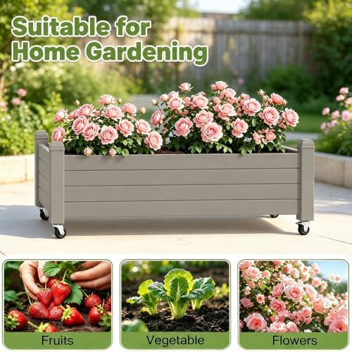 Raised Garden Bed with Wheels, Rolling Resin Planter Box,Brown - Image 5
